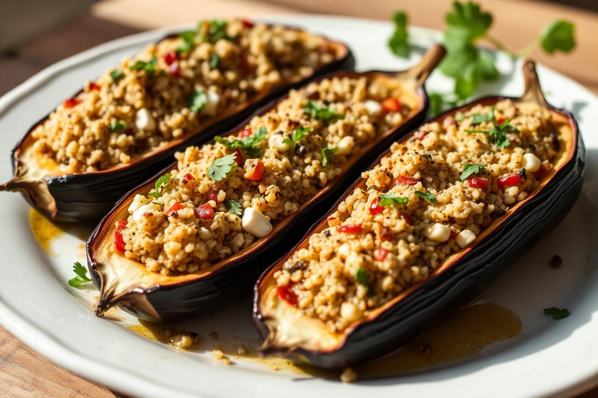 Trois moitiés d'aubergines farcies au quinoa, ricotta et poivrons, dorées au four dans un plat blanc