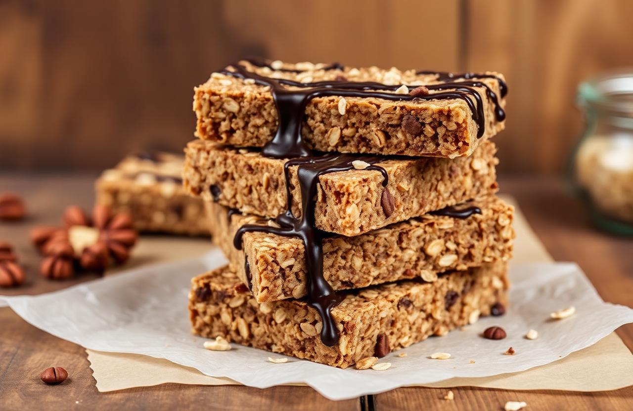 Pile de barres de céréales maison avoine-cacao avec coulis de chocolat noir sur papier cuisson