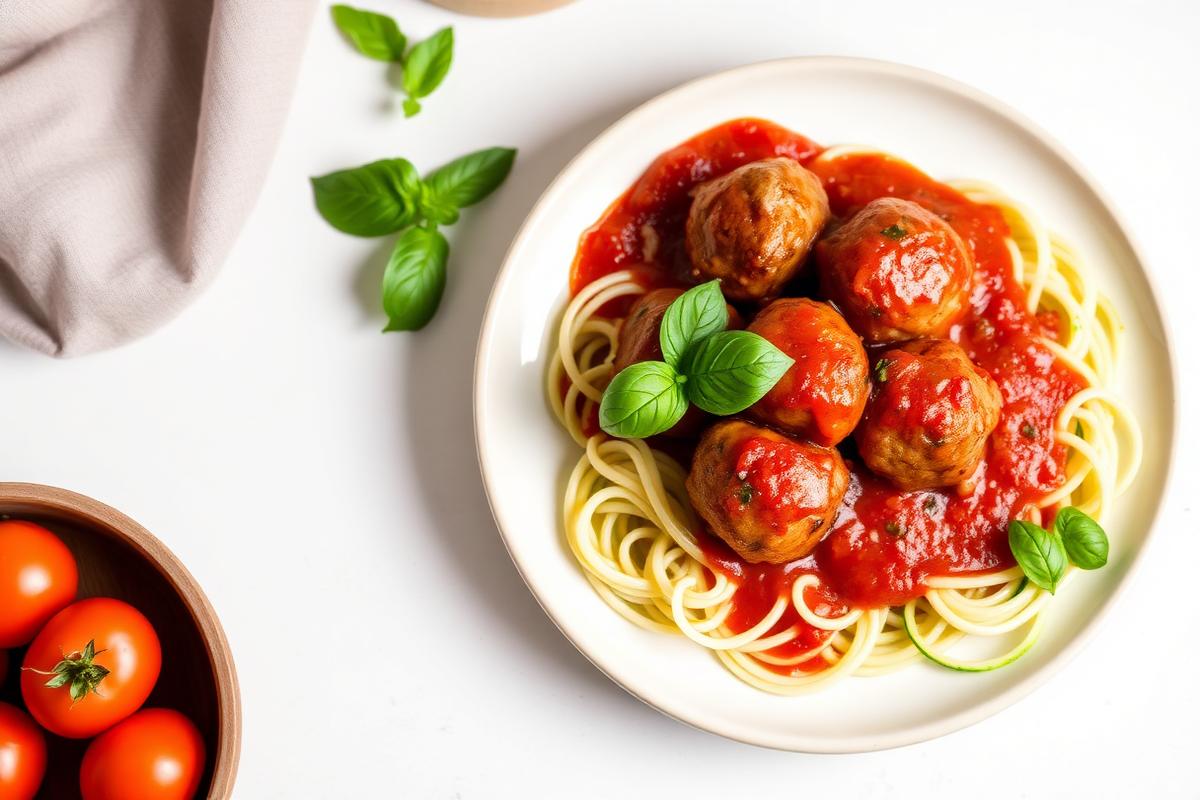 Assiette de boulettes de dinde nappées de sauce tomate posées sur des spaghettis de courgette et garnies de basilic