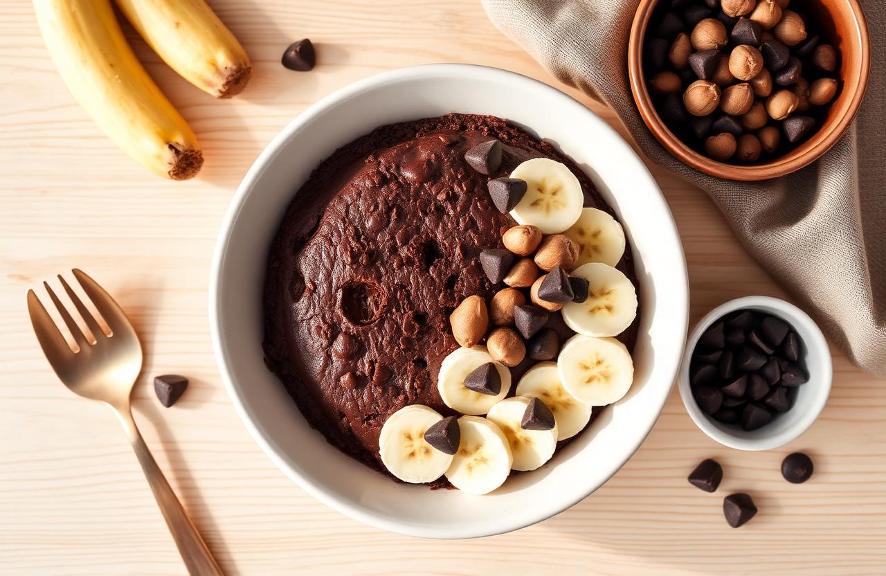 Bowl cake protéiné chocolat-noisette nappé de banane fraîche et pépites de chocolat noir