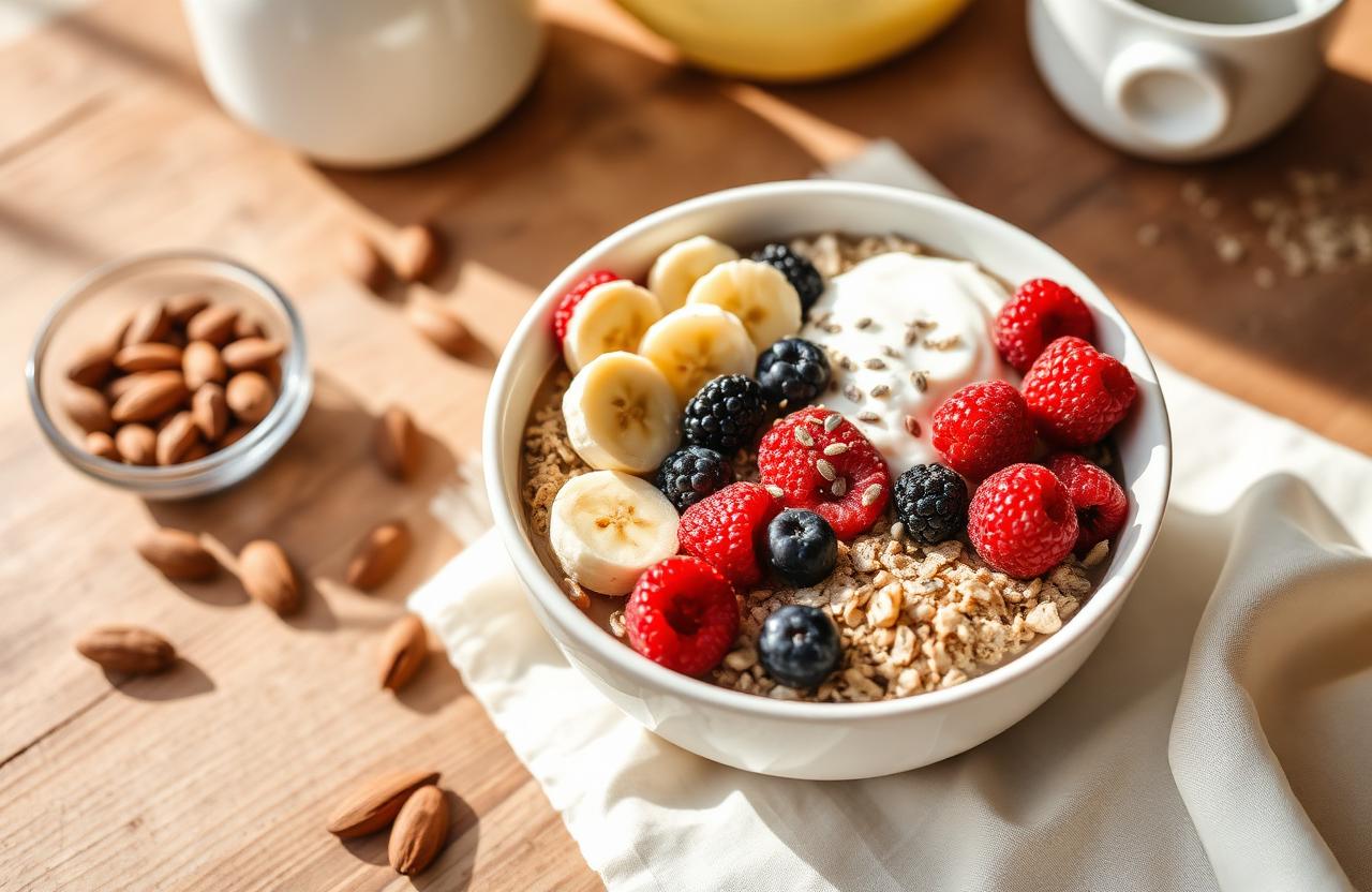 Bowl matinal de fruits rouges, flocons d'avoine et yaourt grec à côté d'une tasse blanche fumante