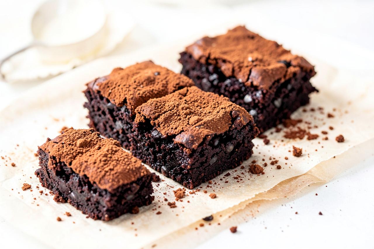 Carrés de brownie fondant au chocolat noir coupés sur une planche en bois avec quelques éclats de noisettes
