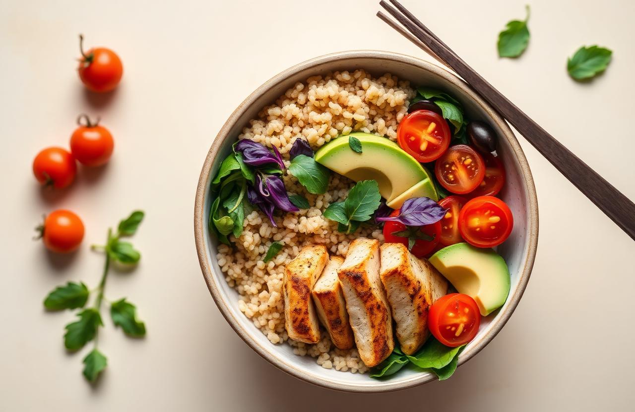 Buddha bowl minceur au poulet grillé, quinoa, avocat, tomates cerises et jeunes pousses sur fond crème
