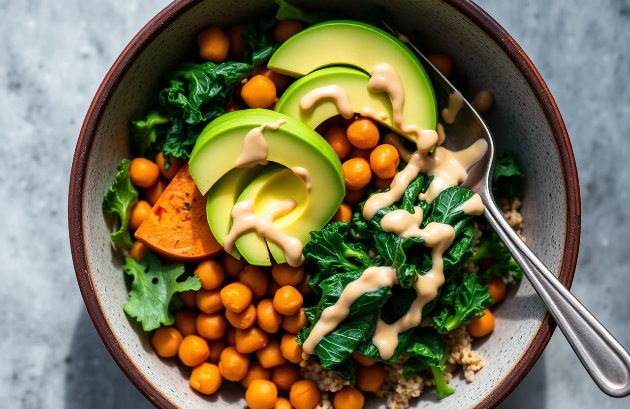 Buddha bowl avec patate douce rôtie, pois chiches épicés, kale, avocat, quinoa et sauce tahini