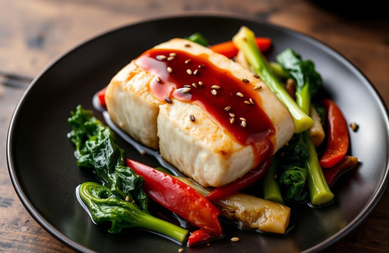 Pavé de cabillaud laqué sauce miso brune sur assiette noire avec légumes wok croquants