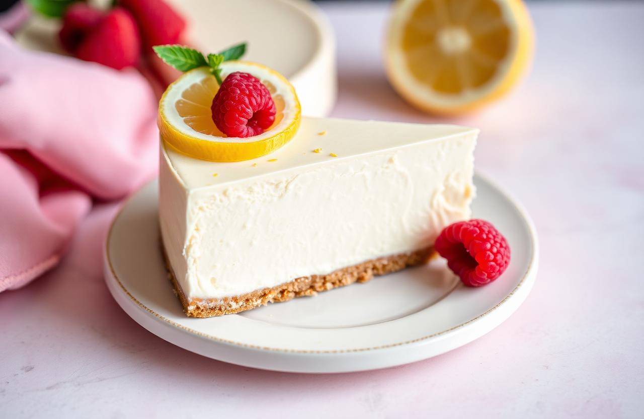 Part de cheesecake léger citron sur assiette blanche avec rondelle de citron et framboises