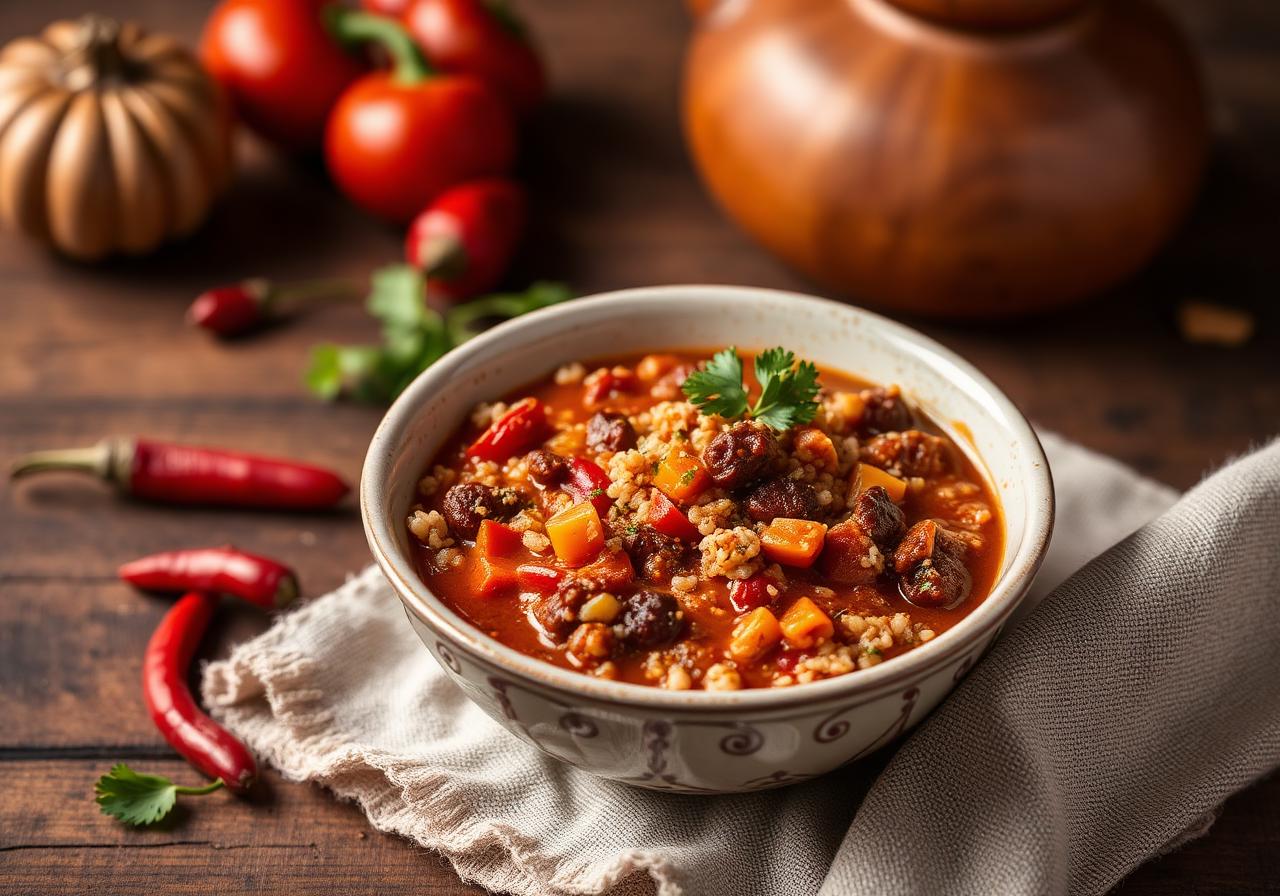 Bol de chili sin carne végétarien aux haricots rouges, quinoa, maïs, poivrons et coriandre fraîche sur table en bois rustique