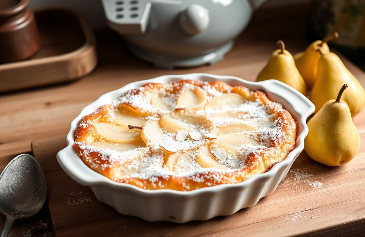 Clafoutis aux poires et amandes effilées doré dans un plat à four en céramique blanche