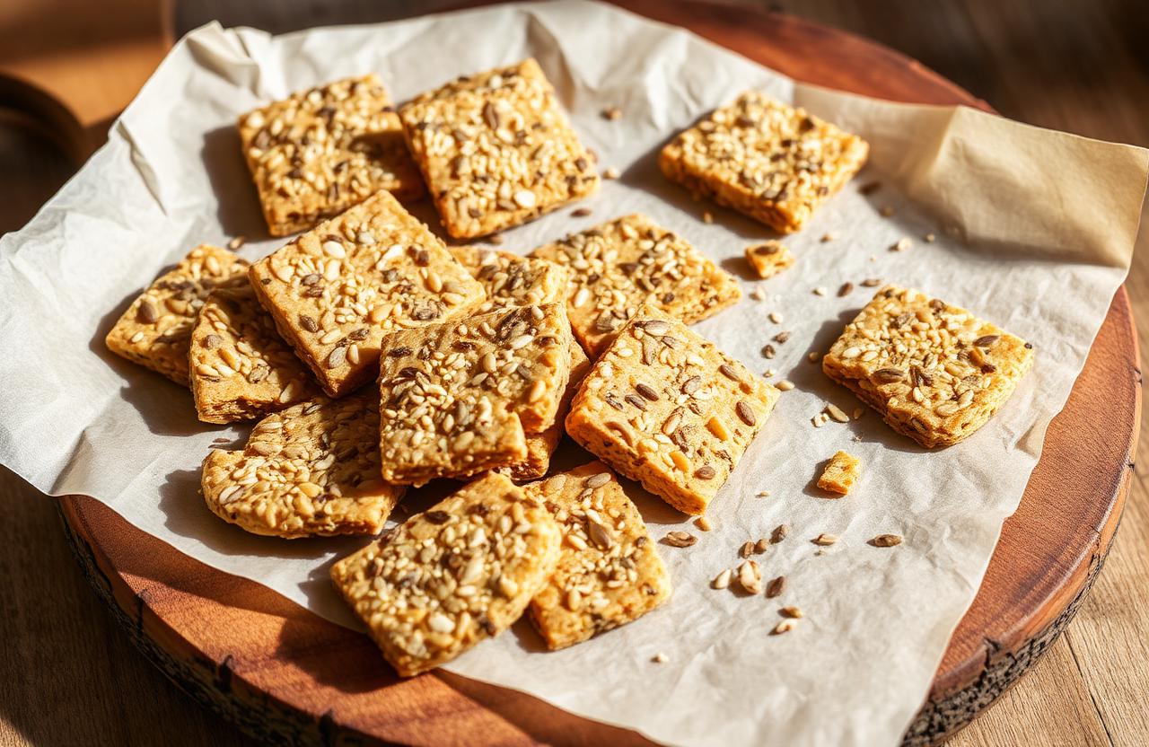 Crackers maison aux graines de sésame tournesol lin et parmesan croustillants sur papier sulfurisé