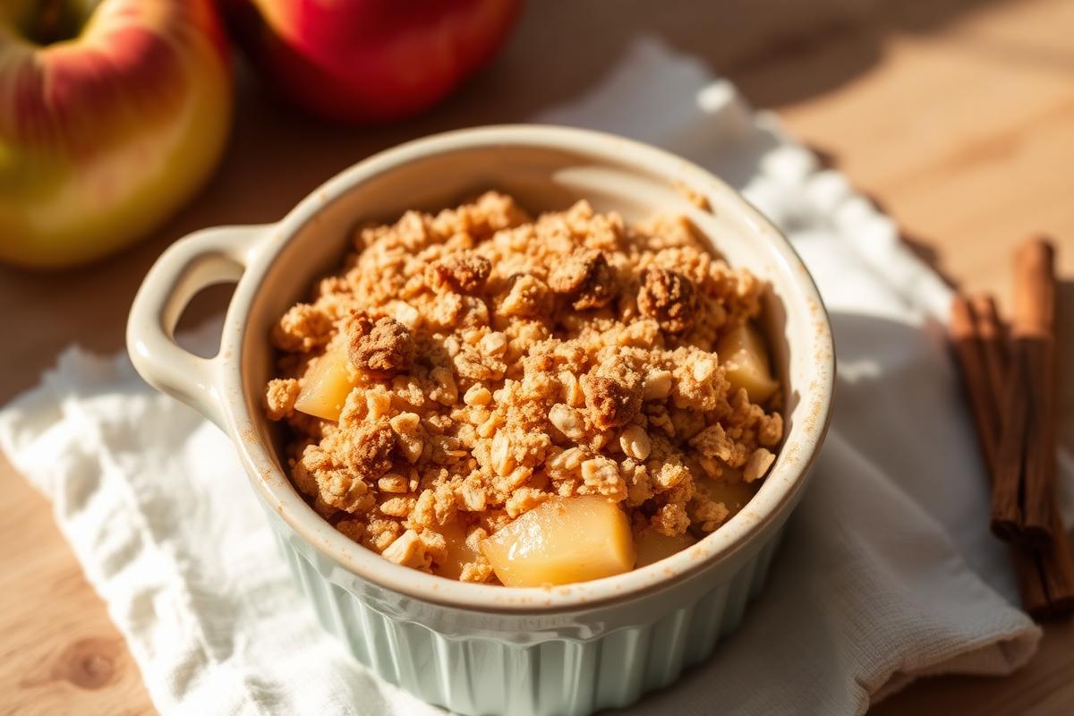 Crumble aux pommes et flocons d'avoine doré dans un ramequin en céramique avec pommes et bâtons de cannelle