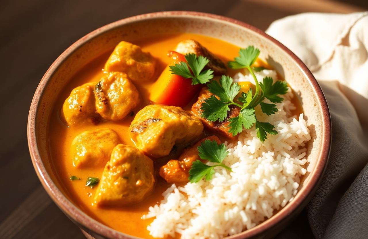 Curry de poulet doré dans une sauce orangée onctueuse au lait de coco, riz basmati et coriandre fraîche