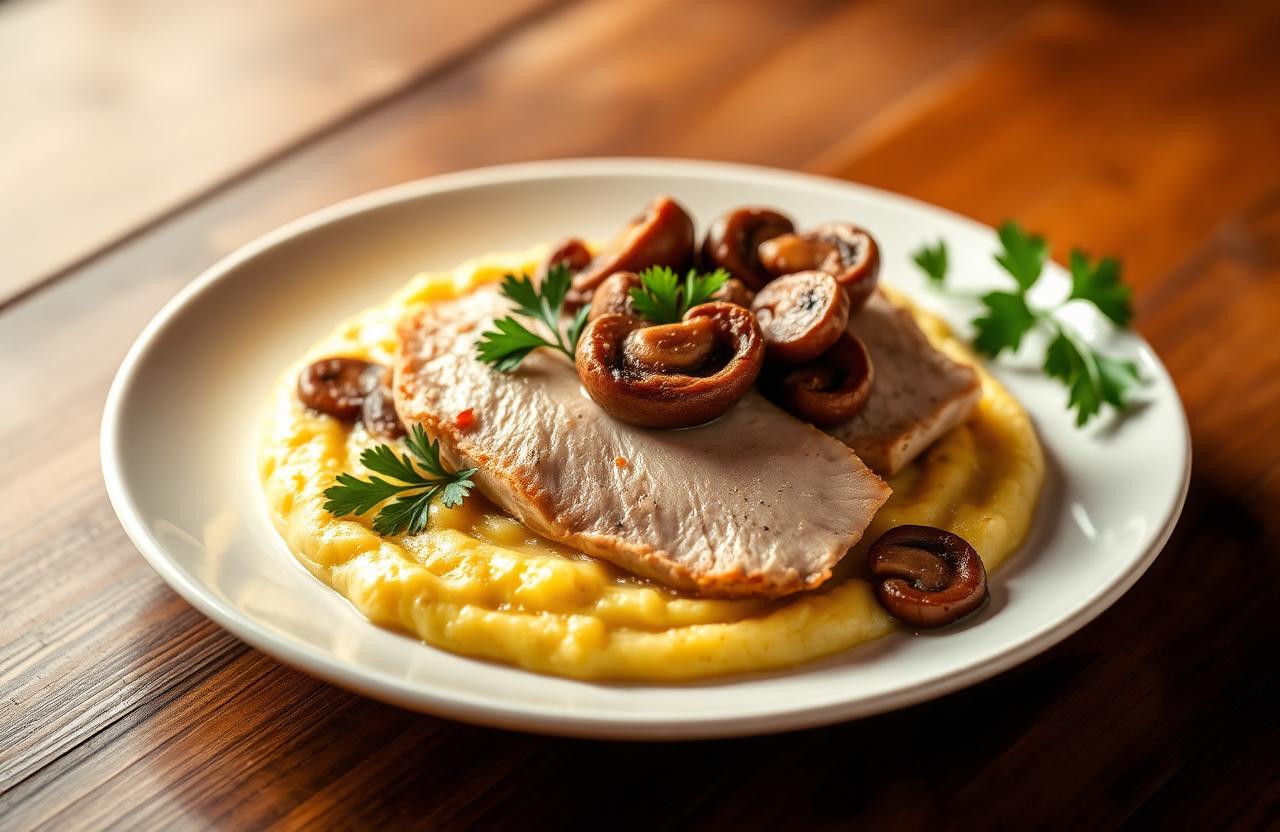 Filet de dinde nappé de champignons sur polenta crémeuse au parmesan et persil frais