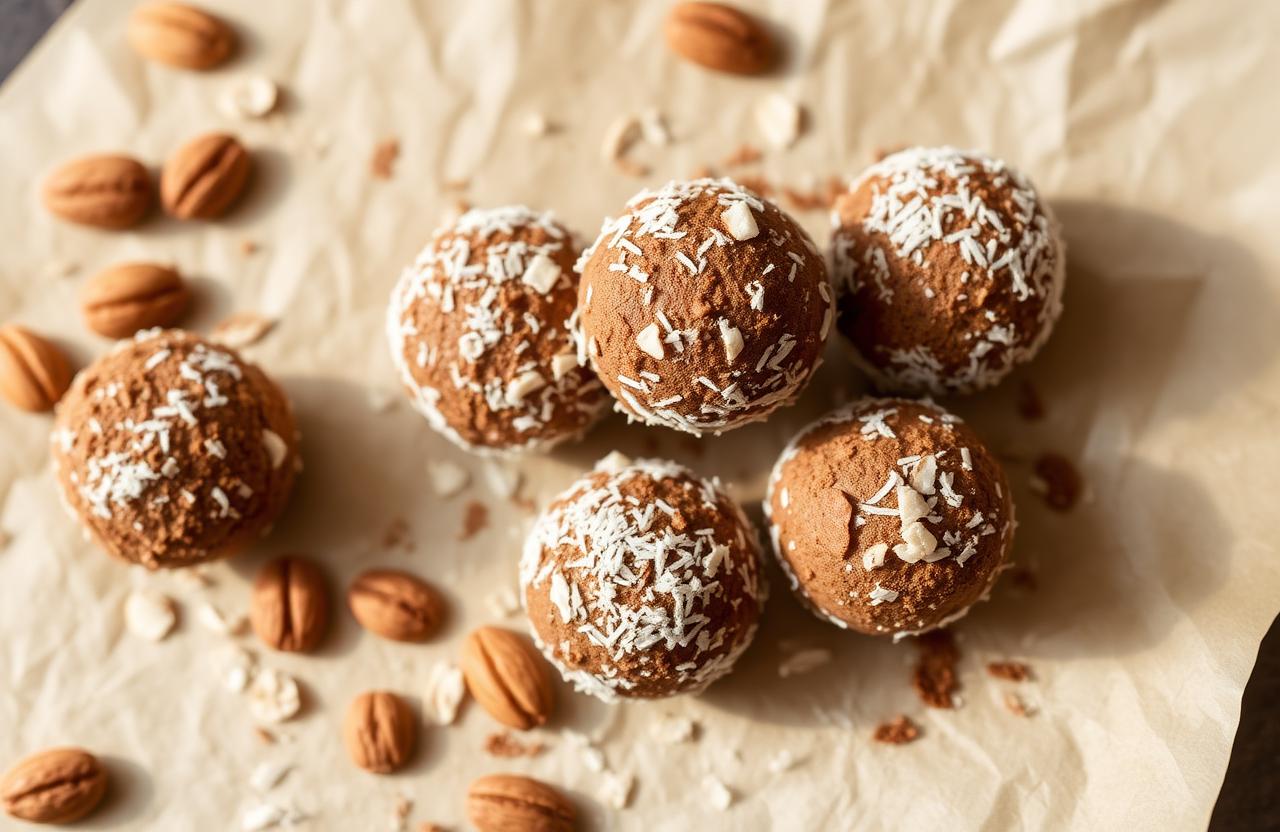 Bouchées rondes énergétiques au cacao et noix de coco râpée disposées sur du papier sulfurisé avec amandes et flocons d'avoine