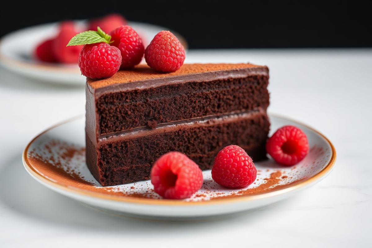 Part de fondant au chocolat noir très moelleuse saupoudrée de cacao et garnie de framboises fraîches