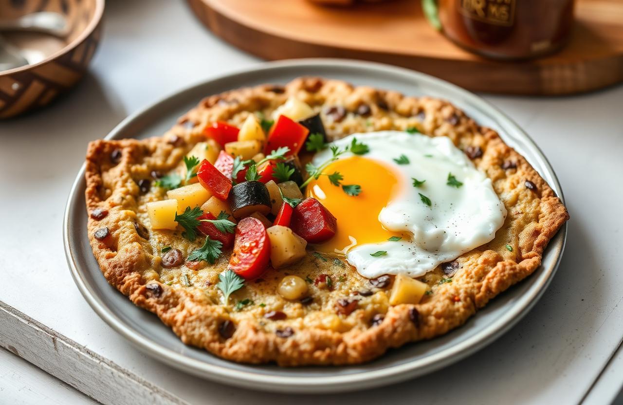 Galette de sarrasin garnie de légumes grillés colorés et œuf au plat à jaune coulant