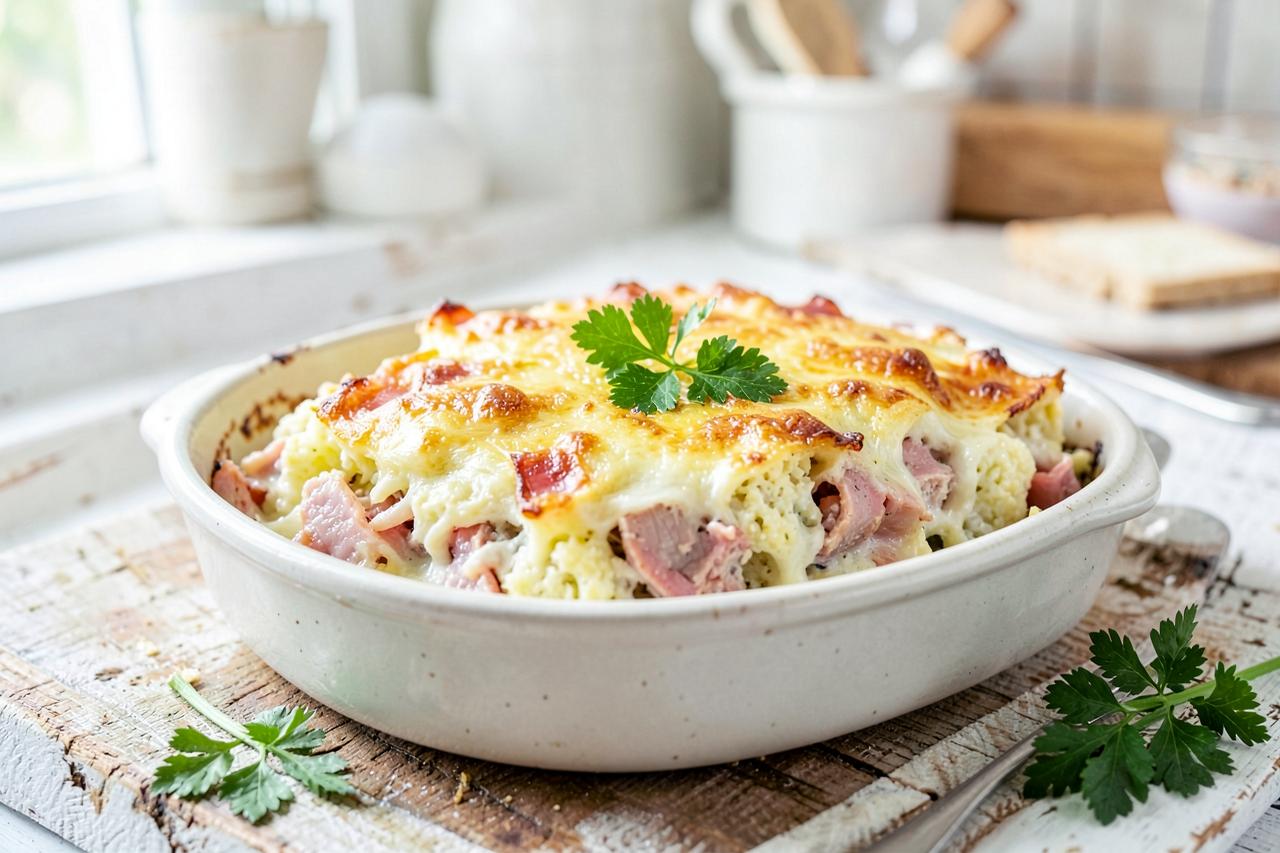 Plat en céramique de gratin de chou-fleur au jambon gratiné doré, parsemé de persil frais, sur une planche en bois