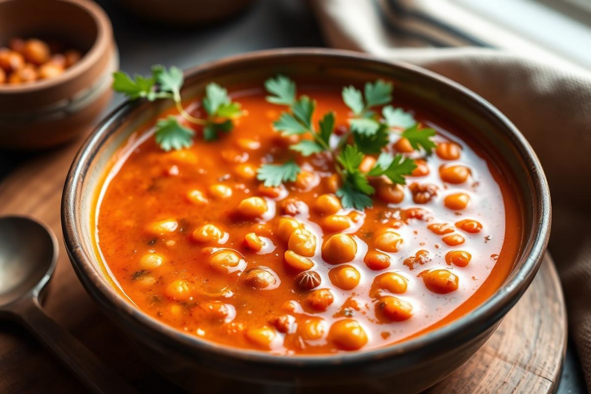 Bol rustique de harira aux lentilles corail et pois chiches garni de coriandre fraîche sur une planche en bois