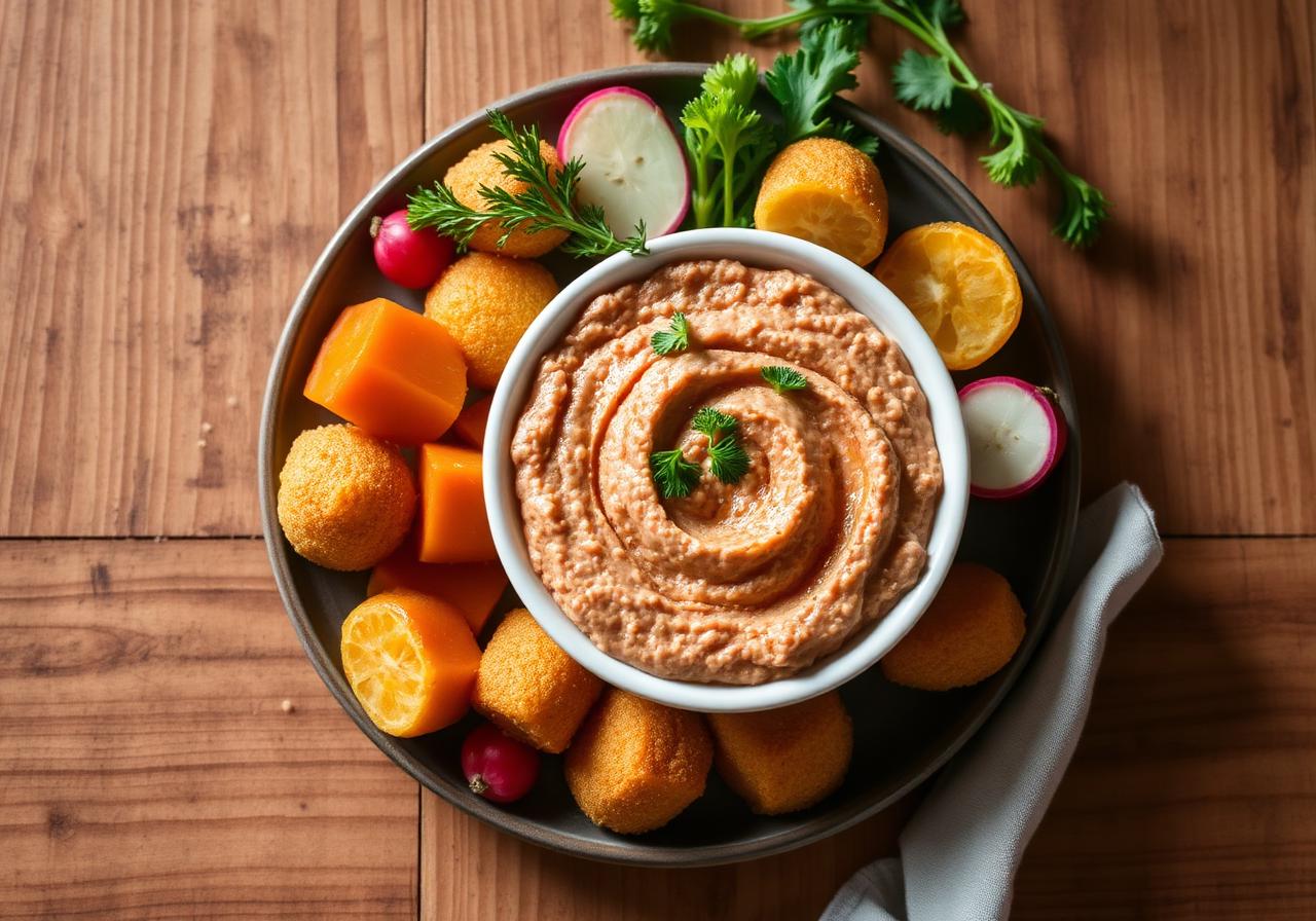 Bol de houmous rose vif à la betterave entouré de bâtonnets de carotte, concombre, céleri et radis pour une collation saine