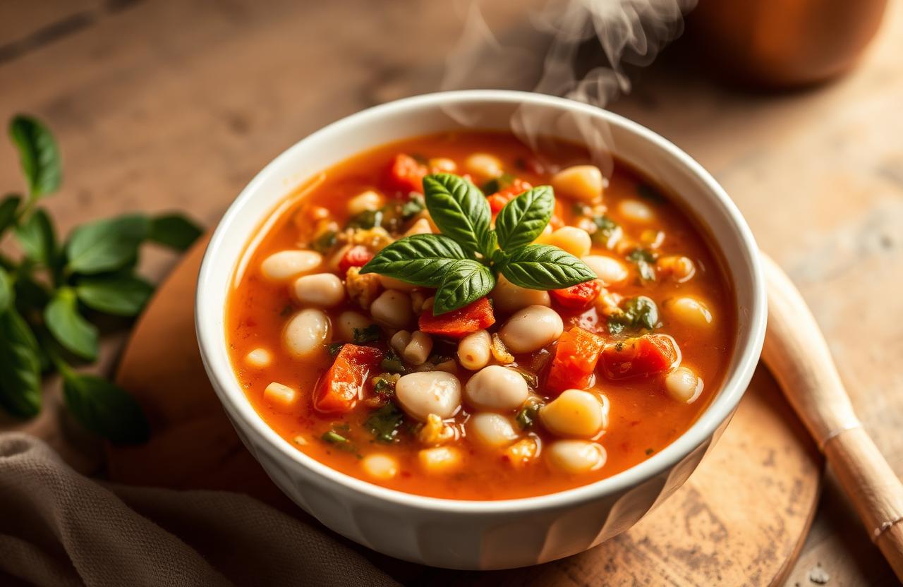 Bol de minestrone italienne fumante avec haricots blancs, légumes et basilic frais sur table en bois