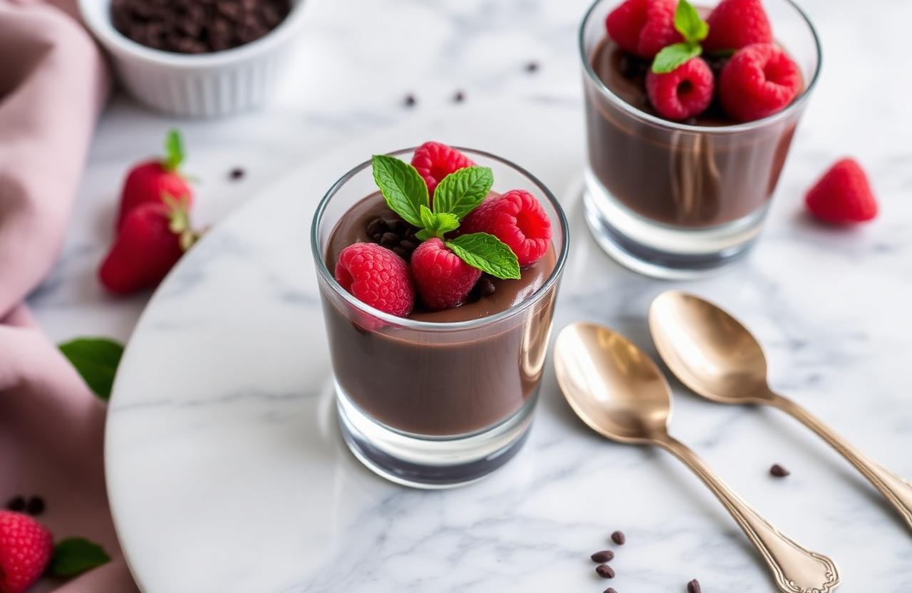 Deux verrines de mousse au chocolat noir et avocat surmontées de framboises, menthe fraîche et éclats de cacao sur surface en marbre