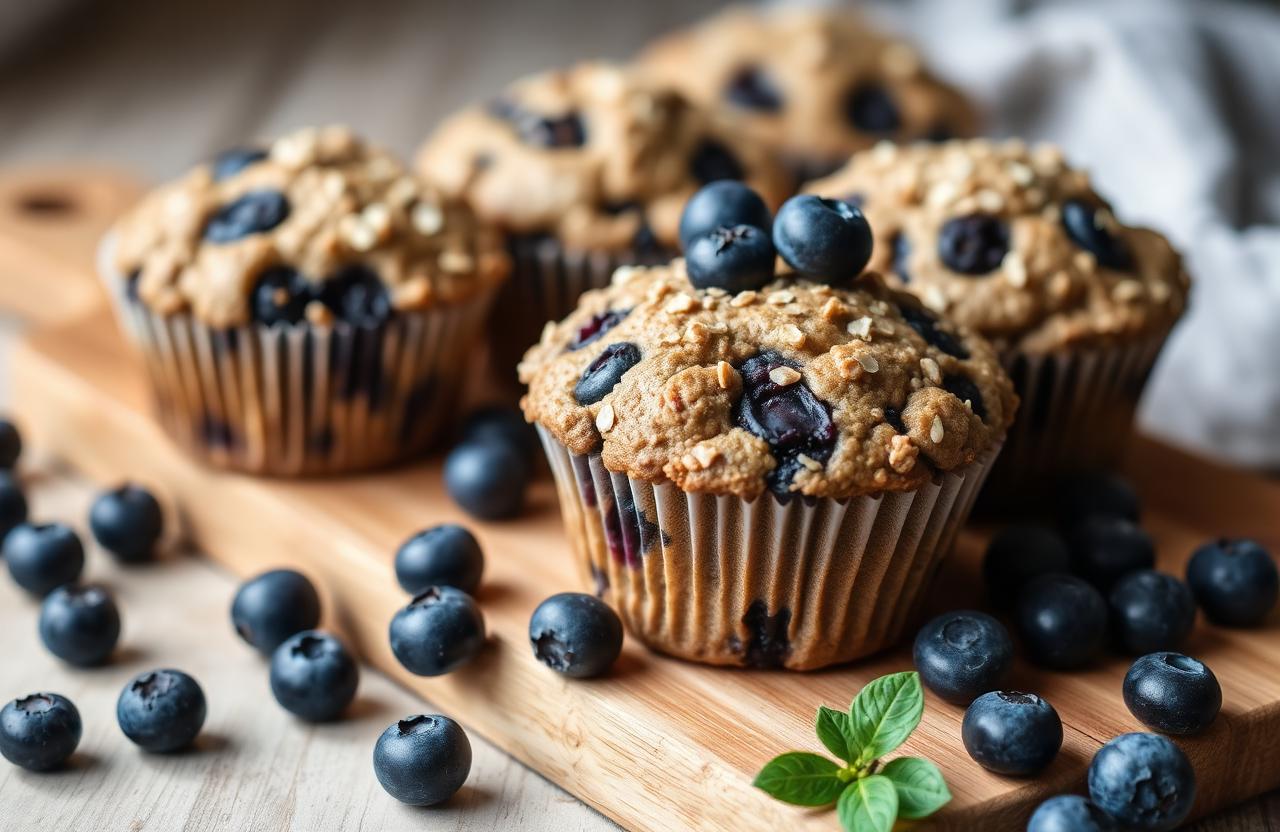 Muffins moelleux aux flocons d'avoine parsemés de myrtilles fraîches sur planche en bois rustique