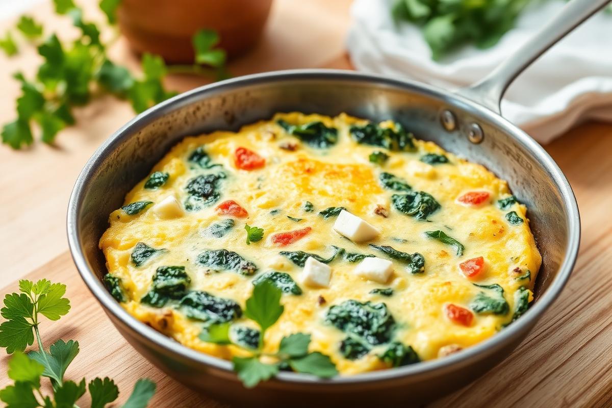 Omelette soufflée aux épinards frais et dés de feta dorée dans une poêle en inox sur une planche en bois