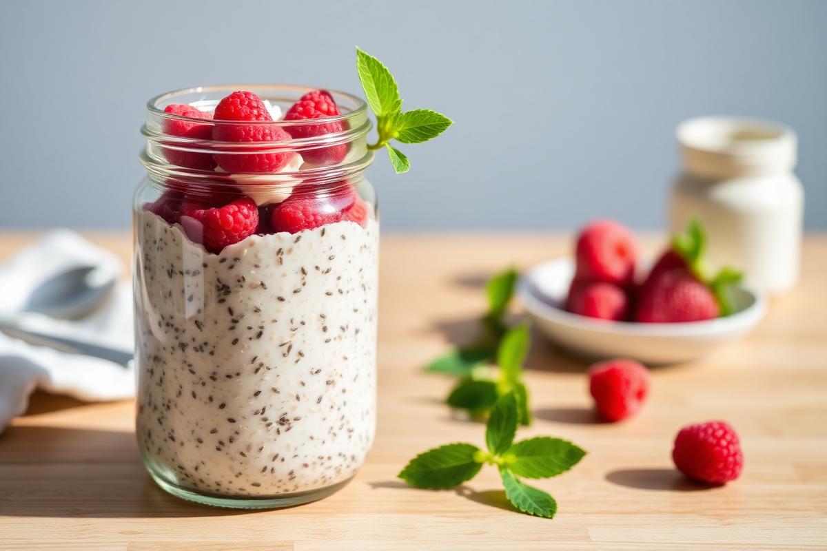 Bocal en verre d'overnight oats aux graines de chia surmonté de framboises fraîches et d'une feuille de menthe