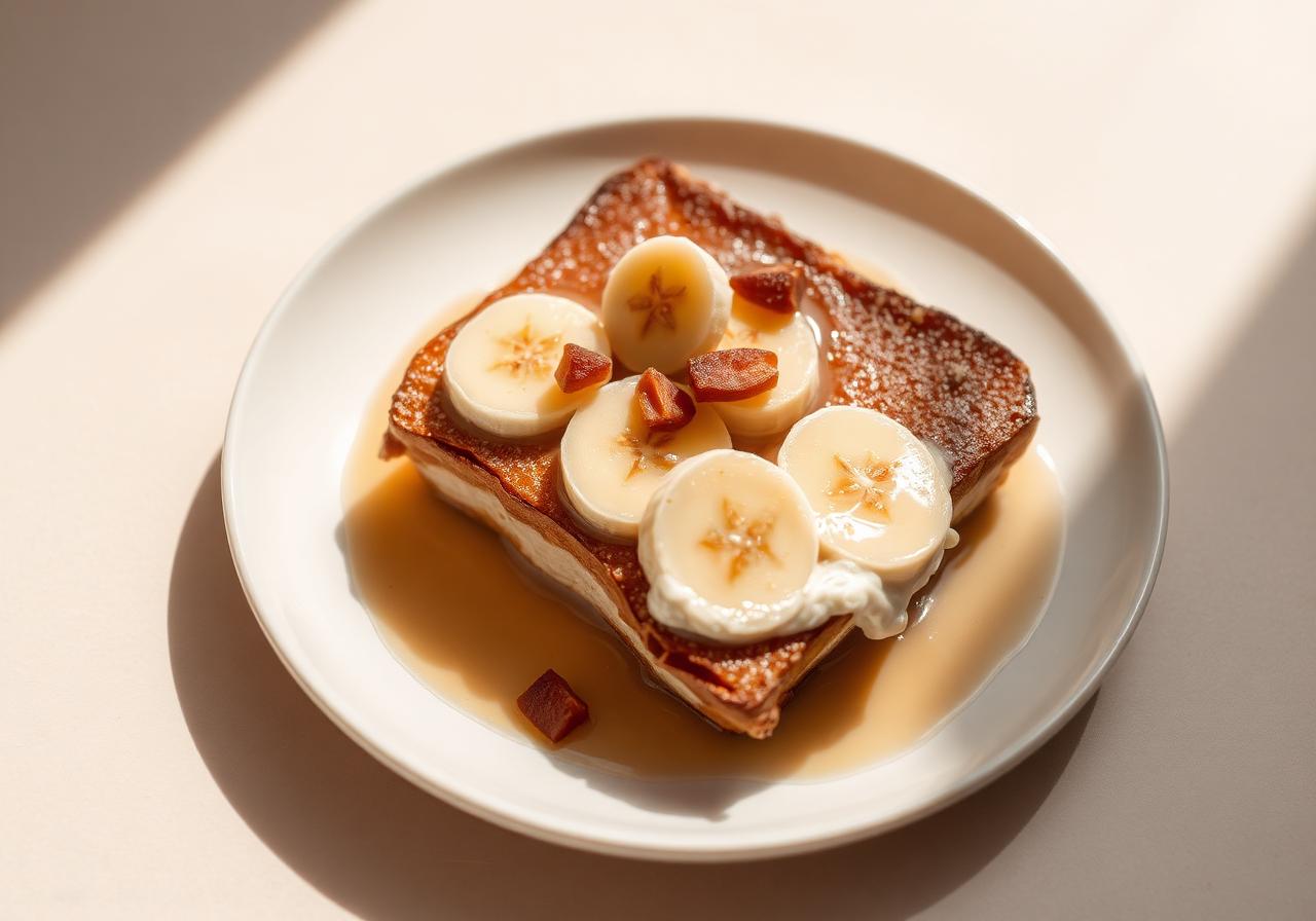 Tranche de pain perdu protéiné doré garnie de rondelles de banane caramélisée, cannelle et sirop d'érable sur assiette claire
