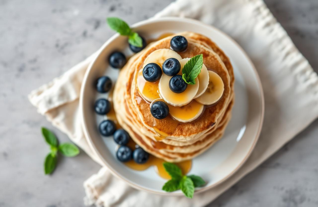 Pile de pancakes protéinés moelleux à la banane garnis de myrtilles, rondelles de banane, miel et menthe sur une assiette claire