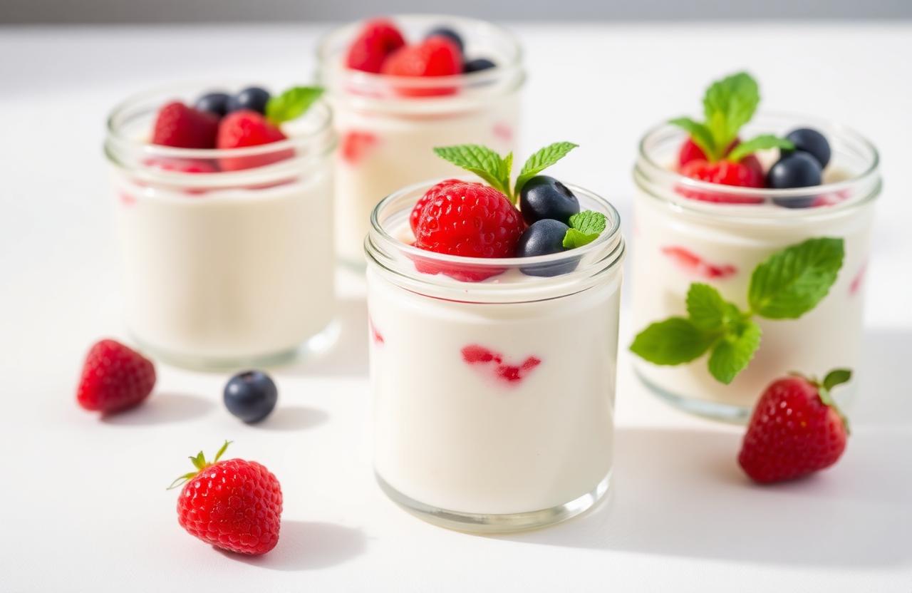 Quatre verrines de panna cotta blanche surmontées de framboises, myrtilles et feuilles de menthe sur fond blanc