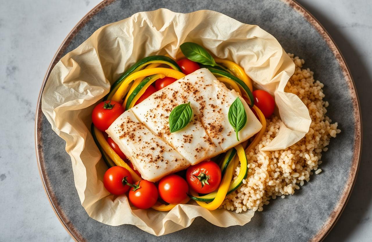 Papillote ouverte de cabillaud aux tomates cerises, courgettes et poivrons jaunes accompagnée de quinoa, vue de dessus sur assiette en grès