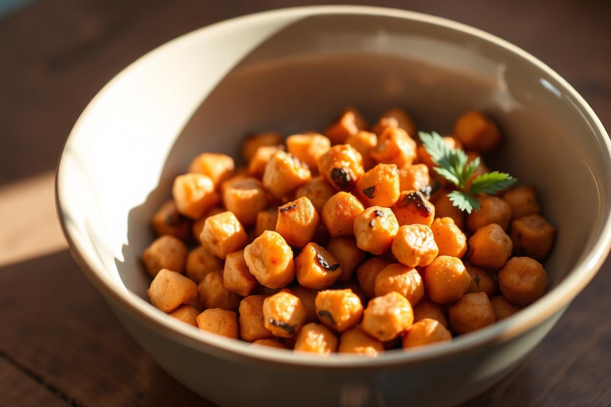 Bol de pois chiches rôtis croustillants au paprika fumé avec une feuille de persil frais