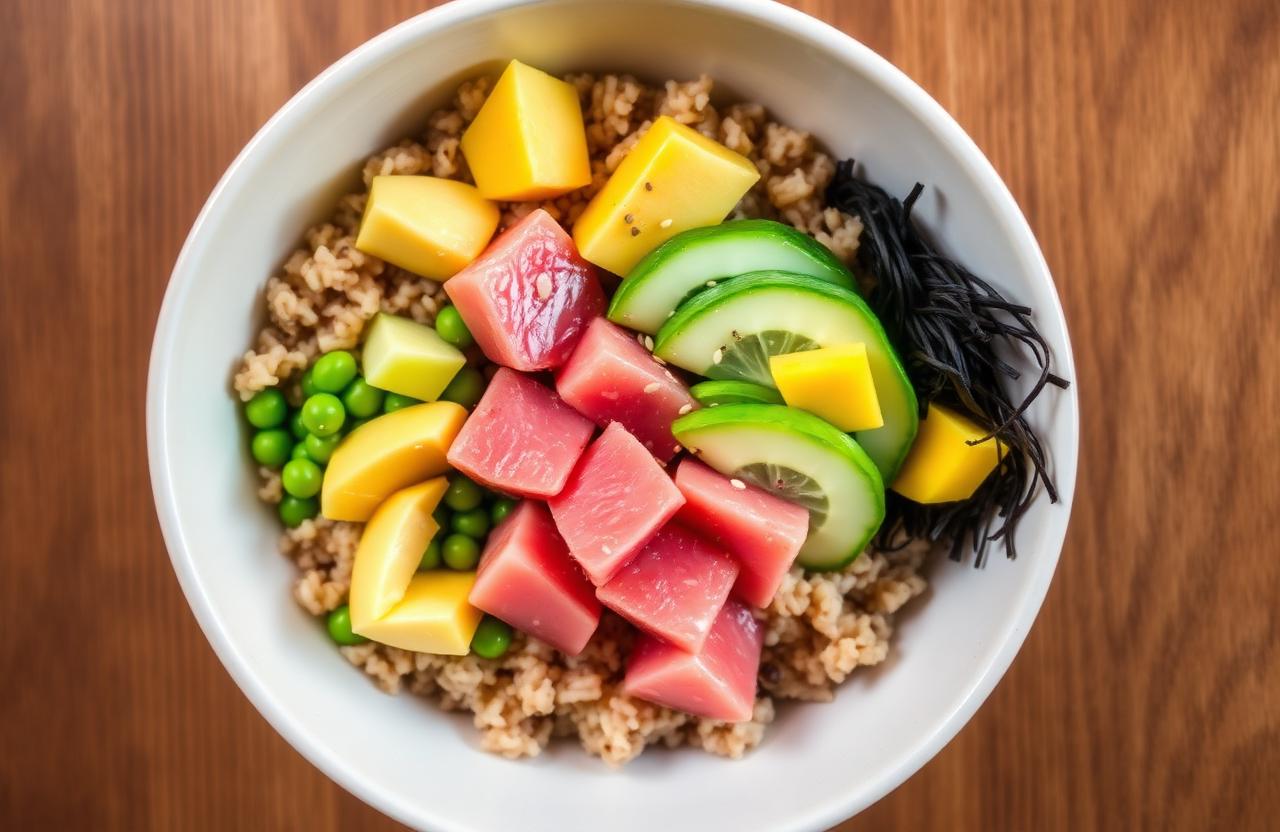 Poke bowl hawaïen avec dés de thon cru, riz complet, mangue, concombre, edamame, avocat et graines de sésame