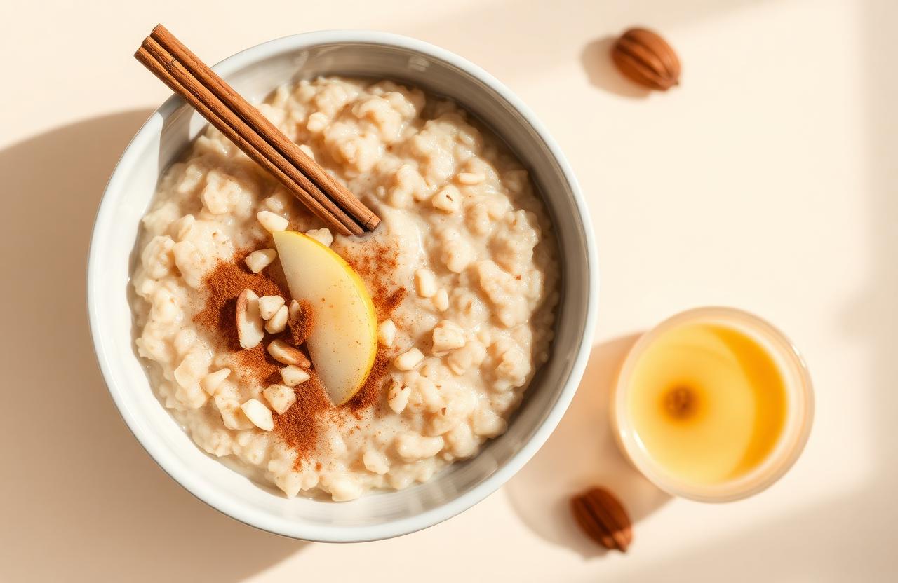 Bol de porridge crémeux aux flocons d'avoine, lamelles de pomme, cannelle et amandes effilées sur fond beige clair