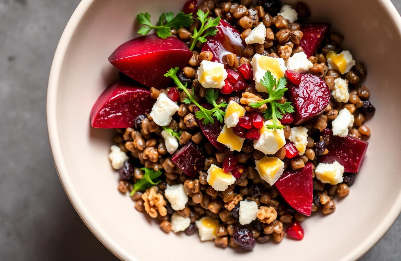 Salade composée de lentilles vertes, quartiers de betterave rouge rôtie, dés de feta, cerneaux de noix et grains de grenade dans un bol crème