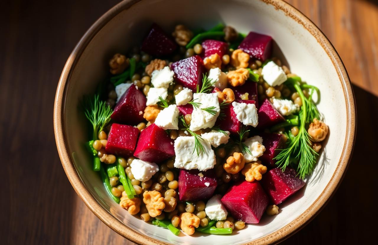 Salade de lentilles vertes betterave rouge feta émiettée noix et aneth frais en bol artisanal