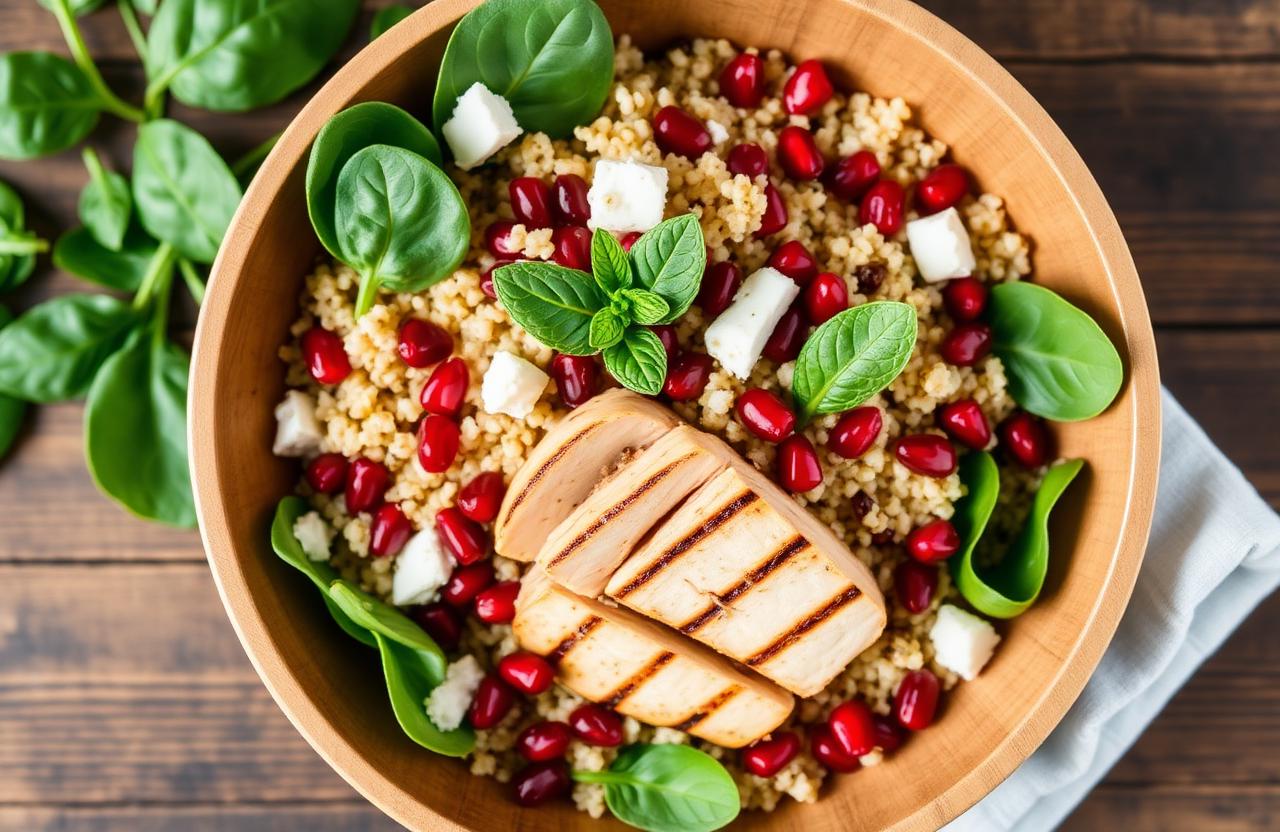 Salade de quinoa avec poulet grillé tranché, graines de grenade rouges, dés de feta, jeunes pousses d'épinards et menthe fraîche dans un bol en bois