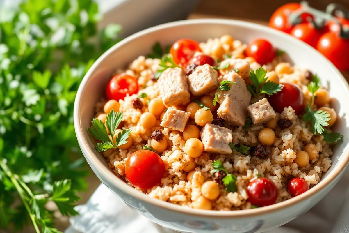 Bol de salade de riz complet avec thon émietté, pois chiches, tomates cerises et persil plat frais