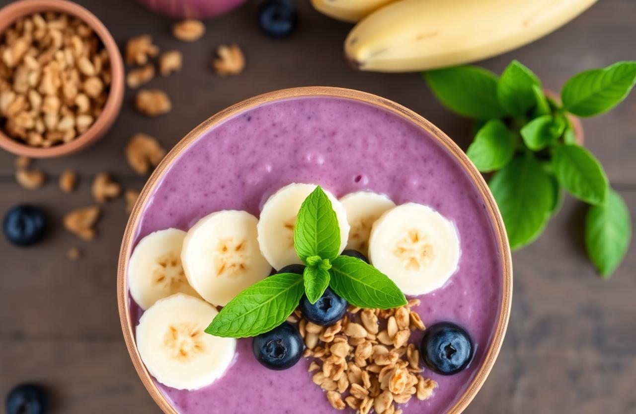 Smoothie bowl açaï violet avec banane, myrtilles, granola et menthe vu du dessus