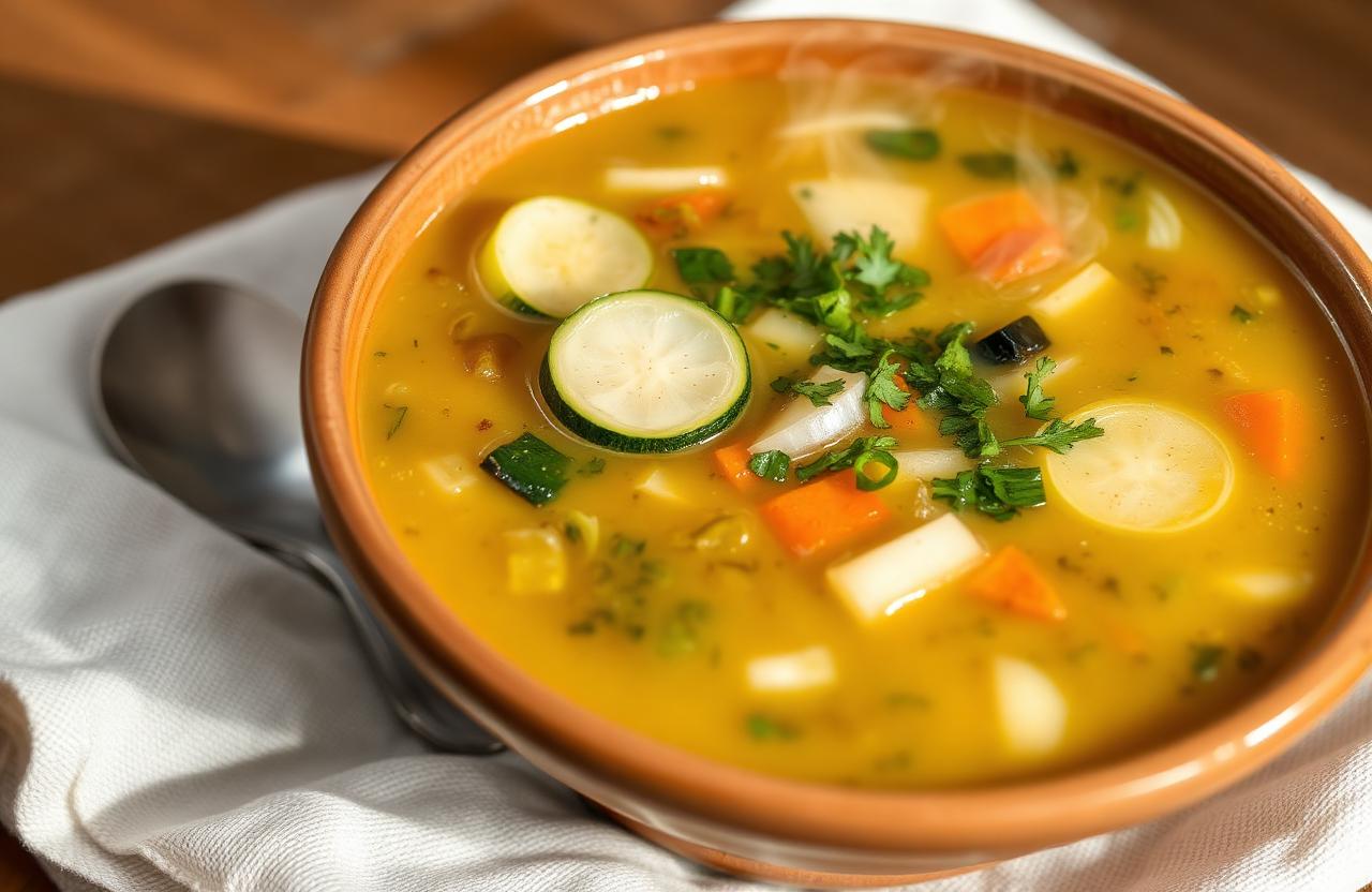 Bol rustique fumant de soupe de légumes verts avec courgettes, poireaux et herbes fraîches