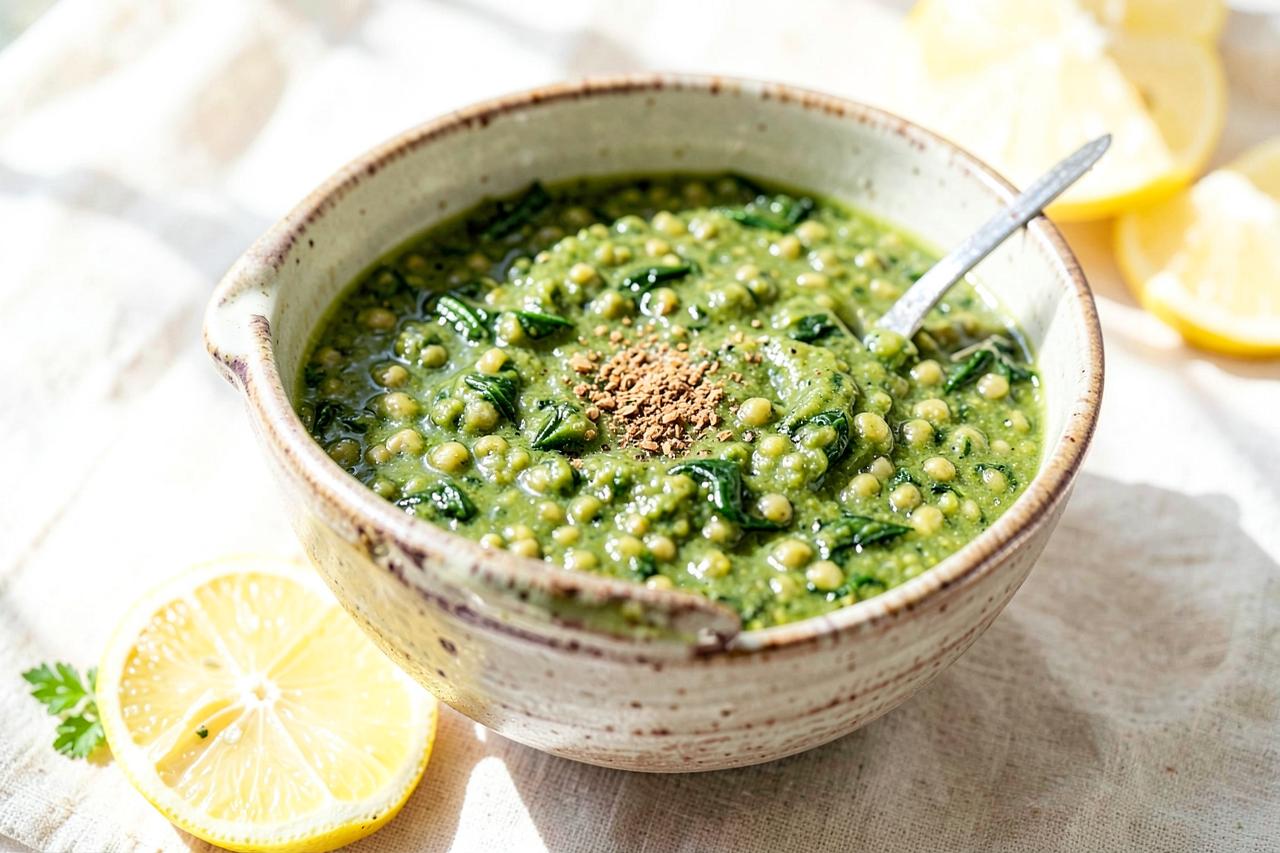 Bol de soupe épaisse de lentilles vertes aux épinards saupoudrée de cumin et de coriandre fraîche sur une table en bois