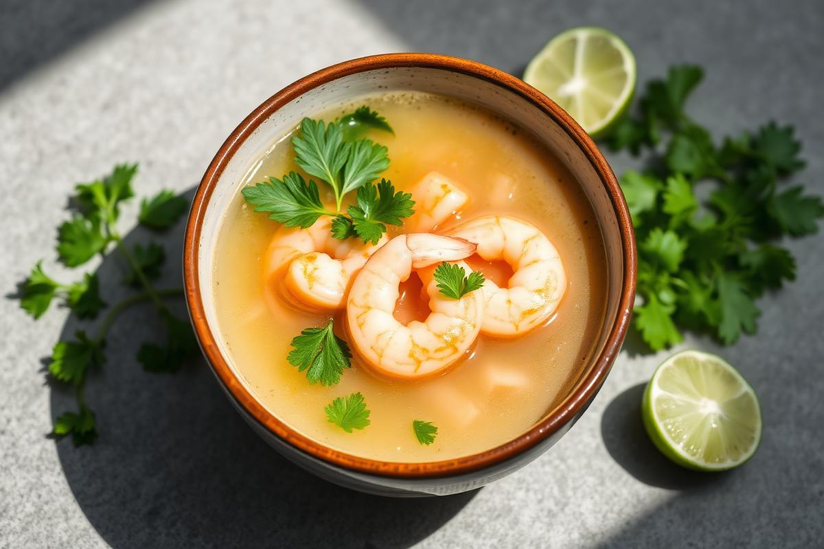 Bol de soupe thaï aux crevettes roses, coriandre fraîche et citron vert sur un plan de travail clair