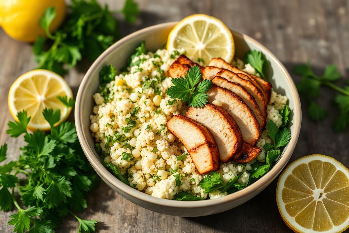 Bol de taboulé de chou-fleur aux herbes fraîches garni de lamelles de poulet grillé et de quartiers de citron