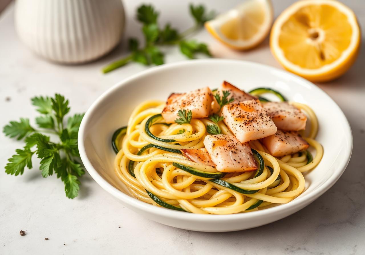 Assiette de tagliatelles de courgettes et de pâtes complètes avec dés de saumon grillé, citron jaune et aneth frais sur fond clair