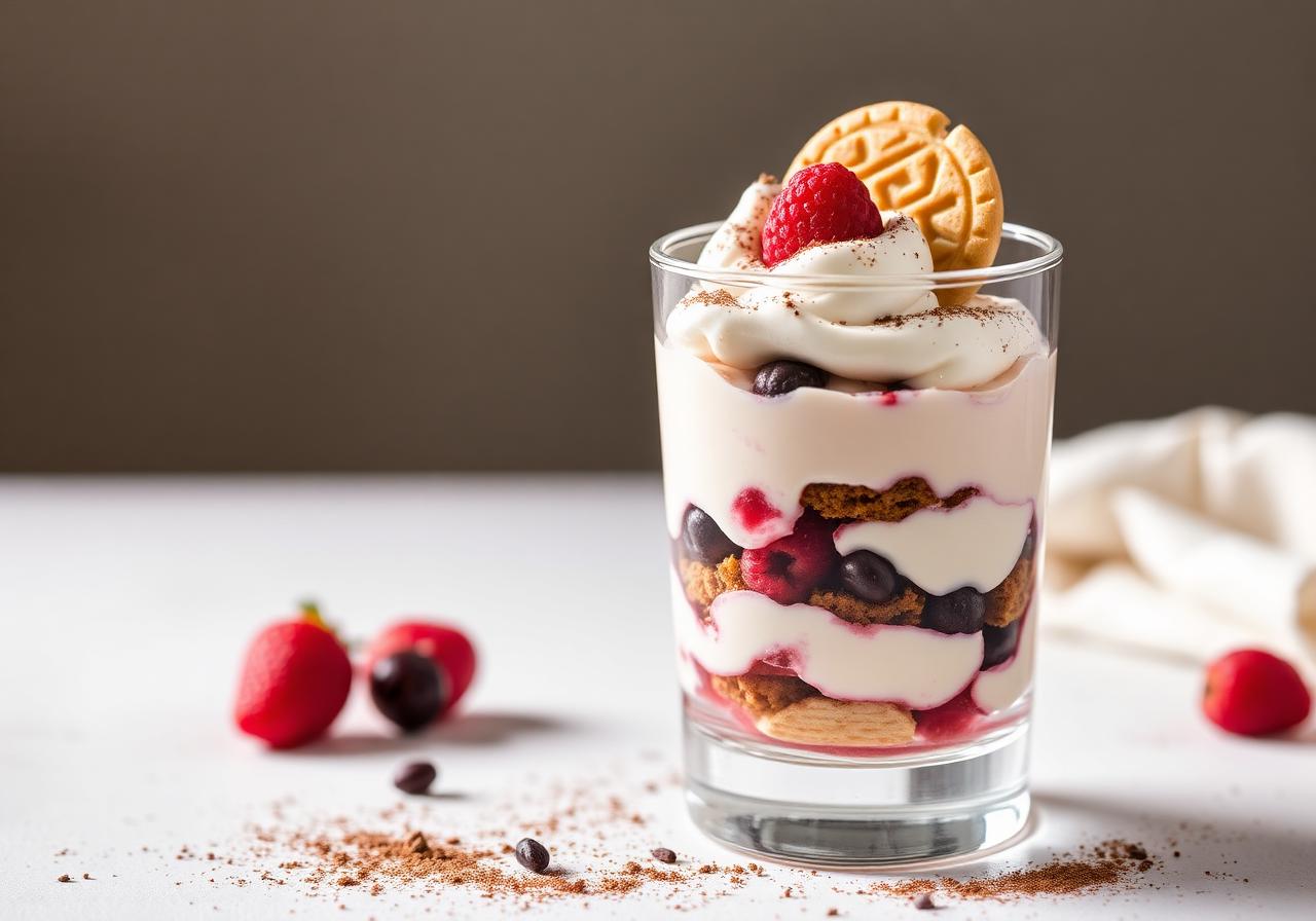 Verrine élégante de tiramisu léger au skyr aux fruits rouges, framboises et myrtilles, poudrée de cacao