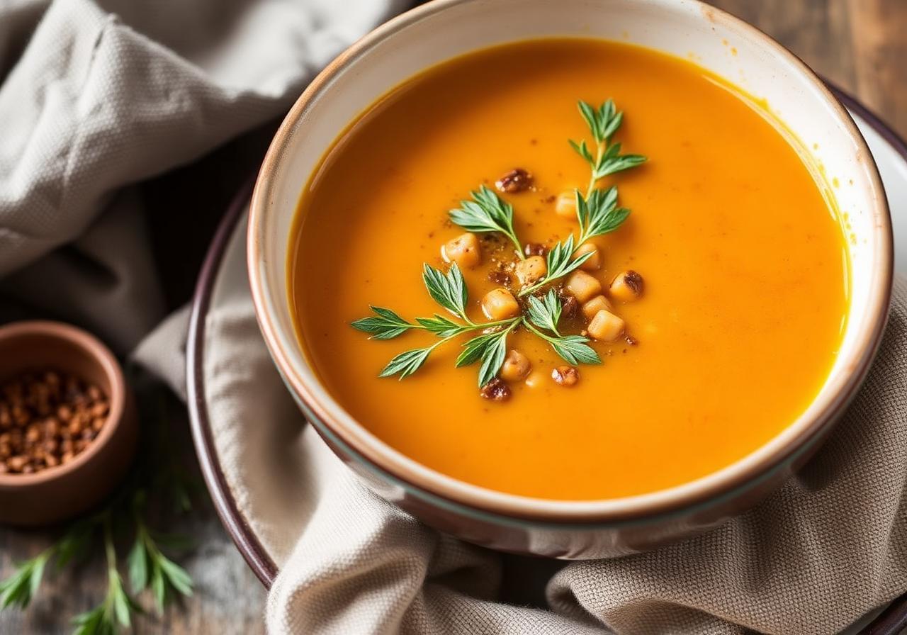 Bol de velouté onctueux orangé de potimarron et lentilles corail garni de graines de courge torréfiées et persil frais