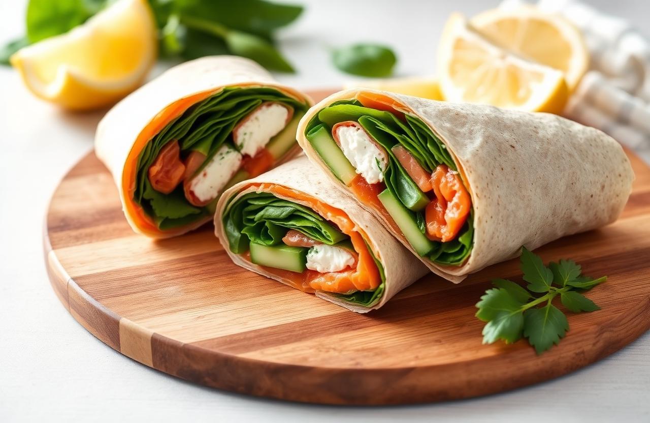 Wrap au saumon fumé coupé en deux laissant voir l'avocat, les épinards et le fromage frais, posé sur une planche en bois avec citron