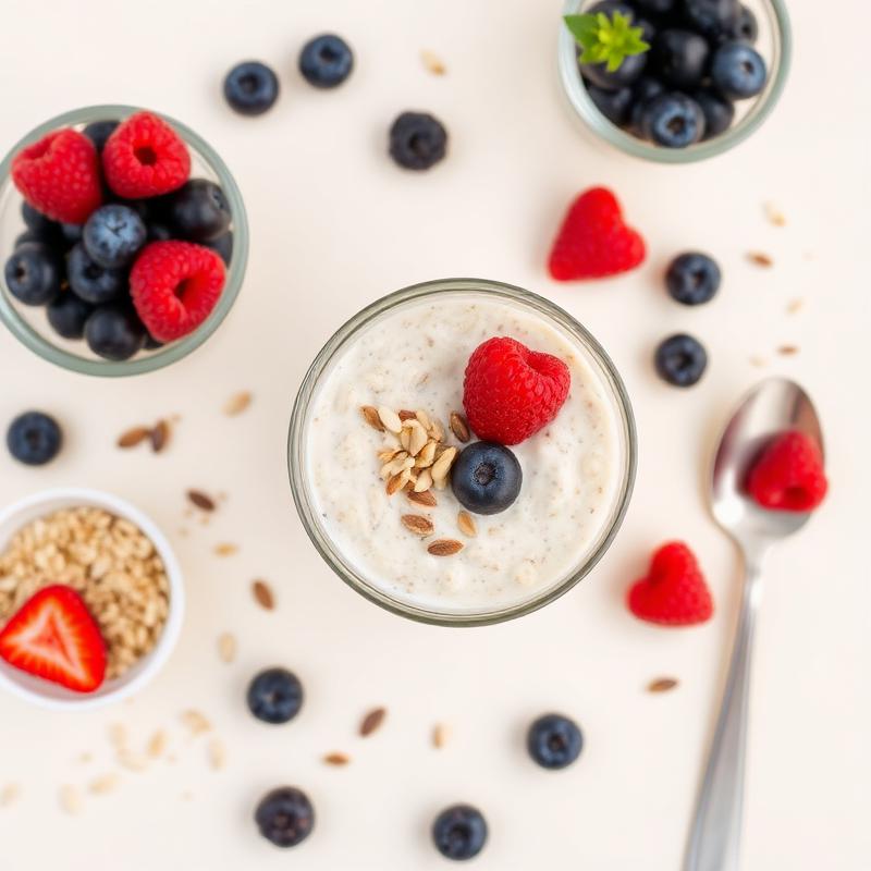 Plan de travail clair avec petit-déjeuner sain, fruits frais et café noir vu de dessus