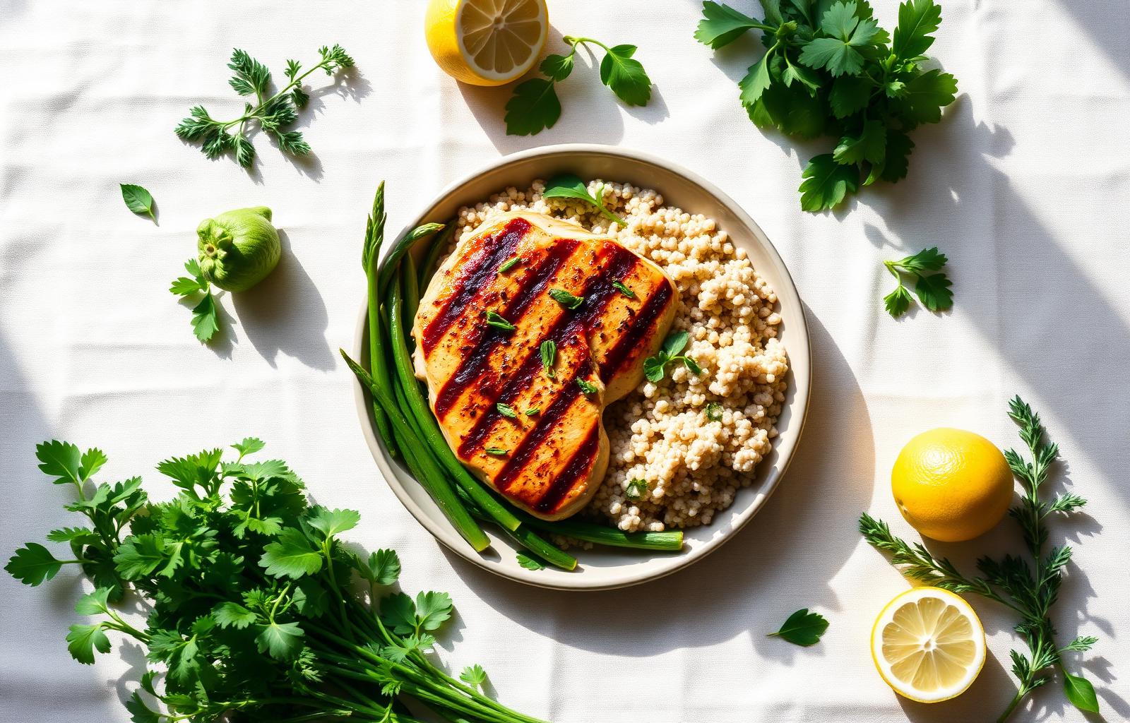 Mise en place de poulet grillé et quinoa avec herbes fraîches et citrons sur lin écru